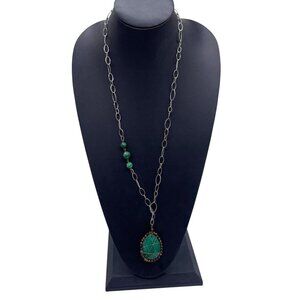 Jade Pendant Long Chain Necklace Silver Tone Boho Beachy Nature 31 Inches